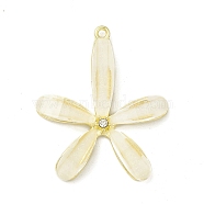 Transparent Resin Pendants, 5 Petal Flower Charms, with Rack Plating Alloy Crystal Rhinestone Findings, Golden, 41x34x5mm, Hole: 1.8mm(PALLOY-M199-27G)