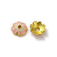 Alloy Enamel Beads Caps, Lead Free & Cadmium Free, Multi-Petal Flower, Pink, 7x7x2.5mm, Hole: 1mm(FIND-G074-02D)