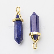 Natural Lapis Lazuli Double Terminated Pointed Pendants, with Random Alloy Pendant Hexagon Bead Cap Bails, Golden, Bullet, Dyed, 37~40x12.5x10mm, Hole: 3x4.5mm(X-G-G902-B02)
