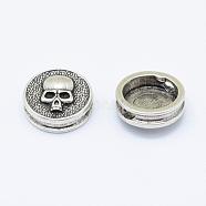 Brass Beads, Flat Round with Skull, Long-Lasting Plated, Cadmium Free & Nickel Free & Lead Free, Thailand Sterling Silver Plated, 13.5x5.5mm, Hole: 2x3mm(KK-P112-30AS-NR)