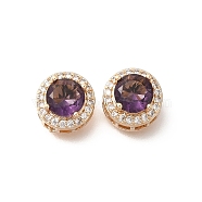 Rack Plating Brass Micro Pave Cubic Zirconia Beads, with Glass, Long-Lasting Plated, Lead Free & Cadmium Free, Golden, Round, Purple, 6x9x9mm, Hole: 1.4mm(KK-S399-09G-D)