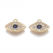 Brass Micro Pave Cubic Zirconia Charms, Nickel Free, Real 18K Gold Plated, Eye, Clear & Blue, 8x11x1.5mm, Hole: 1mm(KK-T038-353G)