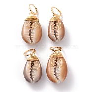 304 Stainless Steel Leverback Earrings, with Wire Wrapped Natural Cowrie Shell Beads, Golden, Camel, 42.5~46mm, Pin: 0.7mm(EJEW-JE05779-01)