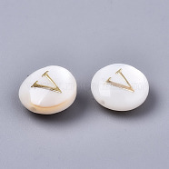 Natural Freshwater Shell Beads, with Golden Plated Brass Etched Metal Embellishments, Flat Round, Seashell Color, Letter.V, 8x3~5mm, Hole: 0.5~07mm(SHEL-S266-12V)