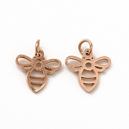 Ion Plating(IP) 304 Stainless Steel Pendants, with Jump Ring, Bee, Rose Gold, 8x8x0.5mm, Hole: 2mm(STAS-E185-09RG)