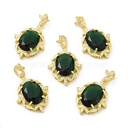 Rack Plating Brass Cubic Zirconia Pendants, with Rhinestone, Real 14K Gold Plated, Cadmium Free & Lead Free, Oval with Leaf Charm, Dark Green, 28.5x22x7mm, Hole: 7x4mm(KK-H438-02G-03)