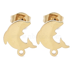 Dolphin Ion Plating(IP) 304 Stainless Steel Stud Earring Findings, with Loop, Golden, 10.5x9mm, Hole: 1.2mm, Pin: 0.8x11mm(STAS-I206-120G)