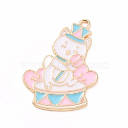 Alloy Enamel Pendants, Cat with Drum Charm, Golden, Pink, 31x23.5x1mm, Hole: 2mm(ENAM-M055-18G)