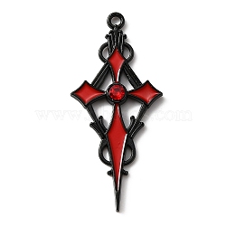 Siam Rhinestone Cross Pendatn with Red Enamel, Alloy Pendant, Electrophoresis Black, 47.5x21.5x4mm, Hole: 1.8mm(ENAM-WH0001-06EB-04)