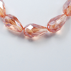 Electroplate Glass Beads Strands, Pearl Luster Plated, Faceted, teardrop, Light Salmon, 6x4mm, Hole: 1mm, about 72pcs/strand, 15 inch(X-EGLA-R008-6x4mm-7)