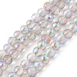 Transparent Electroplate Glass Beads Strands, Faceted(96 Facets), Round, Half Rainbow Plated, Lilac, 7.5~8x7mm, Hole: 1.2mm, about 70~72pcs/strand, 20.08~20.47 inch(51~52cm)(EGLA-F151-HR02)