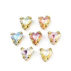 Brass Glass Rhinestone Sew on Rhinestones, Heart, Faceted, Mixed Color, Golden, 9x8x5mm, Hole: 0.8mm(RGLA-U001-05G-01)