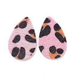 Imitation Leather Big Pendants, with Faux Fur, Teardrop, Pink, 39x25x1.5mm, Hole: 1.6mm(FIND-XCP0004-04)