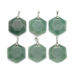 Natural Green Aventurine Pendants, with Platinum Tone Brass Findings, Faceted, Hexagon, 28x25x9mm, Hole: 4x5mm(G-E487-95E)