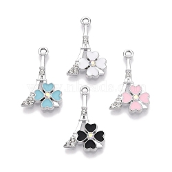 Rack Plating Alloy Rhinestone Pendants, with Enamel, Eiffel Tower with Flower, Platinum, 24.5x14.5x3mm, Hole: 1.8mm(FIND-N005-25P)