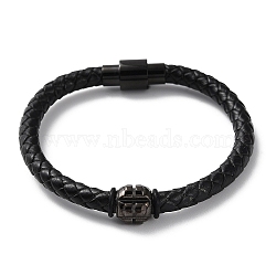 Leather Braided Round Cord Bracelet, with 304 Stainless Steel Magnetic Clasps & Beads for Men Women, Black, 8-1/4 inch(21cm)(BJEW-F460-05EB)