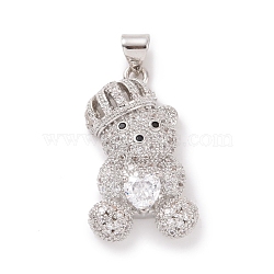 Brass Cubic Zirconia Pendants, Platinum,  Bear with Heart Charm, Clear, 26x15x10mm, Hole: 4x4.5mm(ZIRC-K089-12P-01)