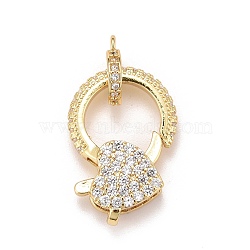 Brass Micro Pave Cubic Zirconia Lobster Claw Clasps, with Bail Beads/Tube Bails, Real 18K Gold Plated, Lead Free & Cadmium Free, Heart, Clear, 22x15x5mm(KK-A161-02G)