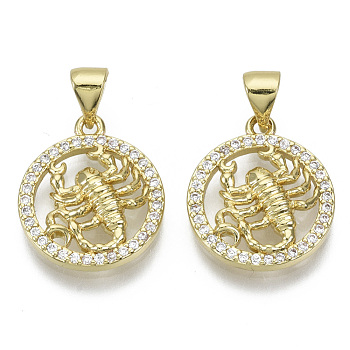 Brass Micro Pave Cubic Zirconia Pendants, Nickel Free, with Snap on Bail, Flat Round with Constellation, Clear, Real 18K Gold Plated, Scorpio: 17.5x15x3mm, Hole: 4x3mm