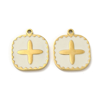 Ion Plating(IP) 316L Surgical Stainless Steel Pendants, with Enamel, Real 18K Gold Plated, Square with Cross Charm, White, 16x14x1.5mm, Hole: 1.4mm