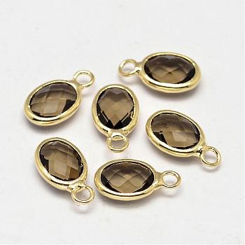 Oval Faceted Golden Tone Brass Glass Charms, Dark Khaki, 12x7x3.5mm, Hole: 1mm