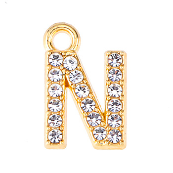 Golden Tone Alloy Rhinestone Pendants, Letter N, 13mm