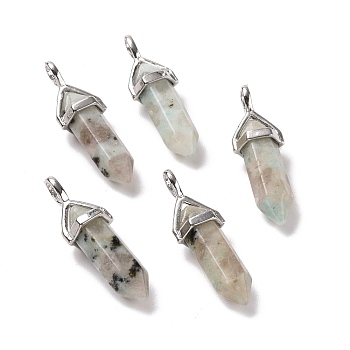 Natural Sesame Jasper Pendants, Faceted, with Platinum Tone Brass Findings, Lead free & Cadmium Free, Bullet, 27~30x9~10x7~8mm, Hole: 4x3mm