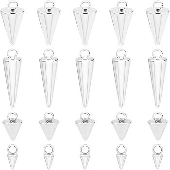 24Pcs 4 Style 304 Stainless Steel Pendants, Spike/Cone, Silver, 6.5~18x3~5mm, Hole: 2mm, 6pcs/style