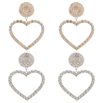 2 Pairs 2 Colors Crystal Rhinestone Hollow Out Heart Dangle Stud Earrings, Zinc Alloy Long Drop Earrings for Valentine's Day, Platinum & Golden, 91mm, Pin: 1mm, 1 pair/color