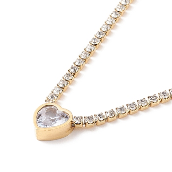 Crystal Rhinestone Heart Pendant Necklace with Tennis Chains, Ion Plating(IP) 304 Stainless Steel Jewelry for Women, Golden, 15.94 inch(40.5cm)