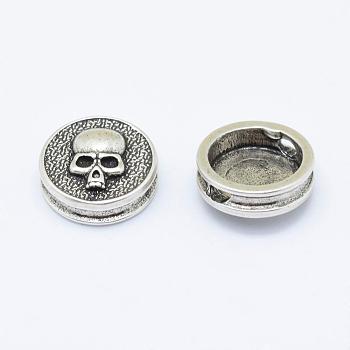 Brass Beads, Flat Round with Skull, Long-Lasting Plated, Cadmium Free & Nickel Free & Lead Free, Thailand Sterling Silver Plated, 13.5x5.5mm, Hole: 2x3mm
