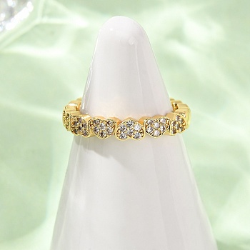 Brass Micro Pave Cubic Zirconia Cuff Open Rings, Heart, Rack Plating, Long-Lasting Plated, Lead Free & Cadmium Free, Real 18K Gold Plated, 3.5mm, Inner Diameter: 17mm