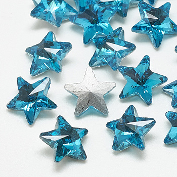 Pointed Back Glass Rhinestone Cabochons, Back Plated, Faceted, Star, Aquamarine, 9.5x10x5mm