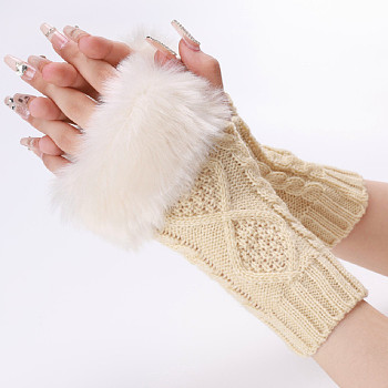 Polyacrylonitrile Fiber Yarn Knitting Fingerless Gloves, Fluffy Winter Warm Gloves with Thumb Hole, PapayaWhip, 200~260x125mm