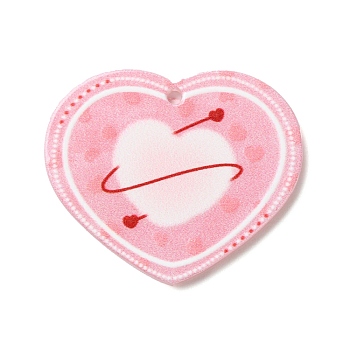 Valentine's Day Printed Transparent Acrylic Pendants, Heart, Pink, 31.5x37.5x2.5mm, Hole: 2mm