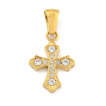 Ion Plating(IP) 304 Stainless Steel Cubic Zirconia Pendants, Cross Charm, Golden, 18x13x2mm, Hole: 6x3mm