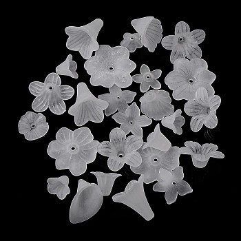Transparent Frosted Acrylic Beads, Flower Bead Caps, Mixed Style, White, 8~35x5~40x7~15mm, Hole: 1~2.5mm