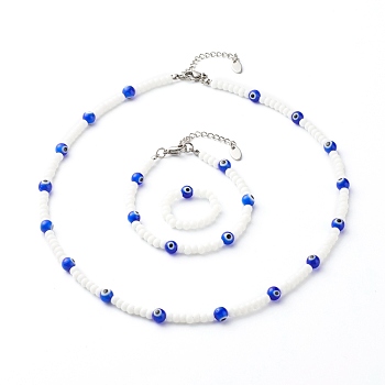 Handmade Glass Beaded Jewelry Set, Including Necklace & Bracelet & Rings, with Lampwork Beads, 304 Stainless Steel Lobster Claw Clasps & Extender Chain, Brass Beads, Evil Eye, Blue, 185~465mm, Inner Diameter: 19mm, 3pcs/set