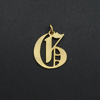 201 Stainless Steel Pendants, with Jump Ring, Old English, Letter, Laser Cut, Golden, Letter.G, 15.5x13x1mm, Hole: 3mm
