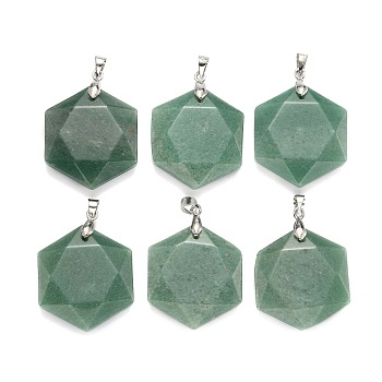 Natural Green Aventurine Pendants, with Platinum Tone Brass Findings, Faceted, Hexagon, 28x25x9mm, Hole: 4x5mm