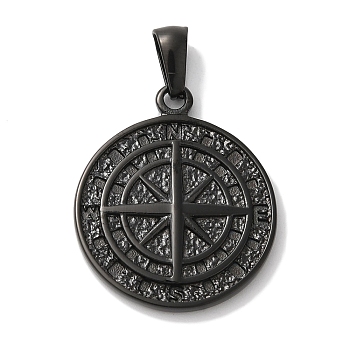 304 Stainless Steel Pendants, Flat Round with Compass Charm, Black, 26x22.5x3mm, Hole: 7x3mm