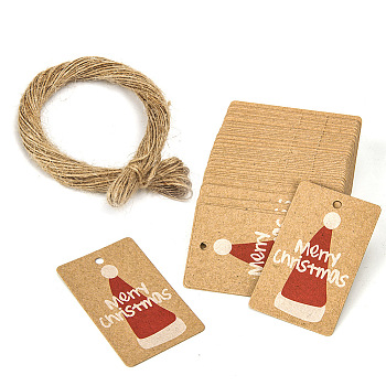 100Pcs Rectangle Christmas Kraft Paper Gift Tags, with Jute Ropes, BurlyWood, Hat, 5x3cm