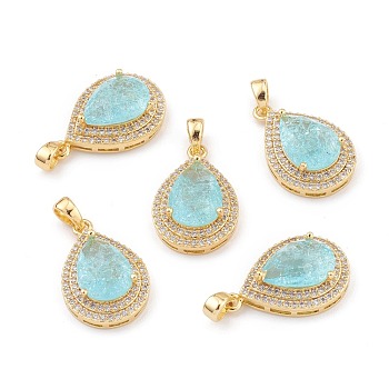 Golden Plated Brass Micro Pave Clear Cubic Zirconia Pendants, with Glass, Long-Lasting Plated, with Snap on Bails, Teardrop, Pale Turquoise, 24.5x16x7.5mm, Hole: 3x5mm