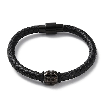 Leather Braided Round Cord Bracelet, with 304 Stainless Steel Magnetic Clasps & Beads for Men Women, Black, 8-1/4 inch(21cm)