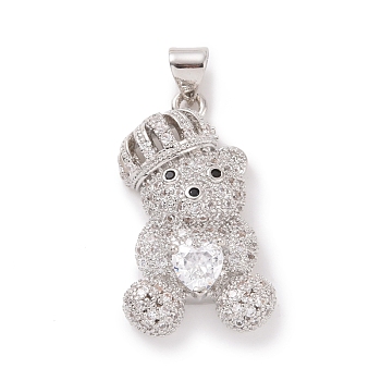 Brass Cubic Zirconia Pendants, Platinum,  Bear with Heart Charm, Clear, 26x15x10mm, Hole: 4x4.5mm