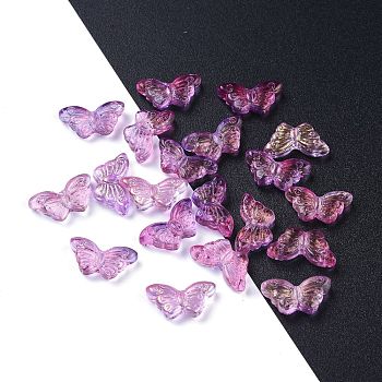 Electroplate Transparent Glass Beads, with Glitter Powder, Butterfly, Medium Orchid, 14.5x8x3.5mm, Hole: 0.8mm