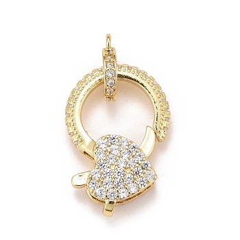 Brass Micro Pave Cubic Zirconia Lobster Claw Clasps, with Bail Beads/Tube Bails, Real 18K Gold Plated, Lead Free & Cadmium Free, Heart, Clear, 22x15x5mm
