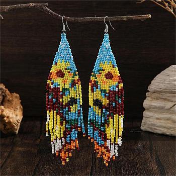 Bohemian Style Yellow Flower Glass Bead Tassel Dangle Earrings for Women, Platinum, 140x32mm