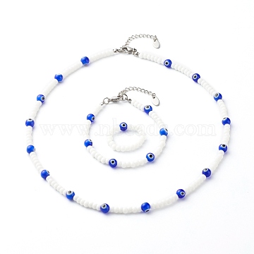 Handmade Glass Beaded Jewelry Set, Including Necklace & Bracelet & Rings, with Lampwork Beads, 304 Stainless Steel Lobster Claw Clasps & Extender Chain, Brass Beads, Evil Eye, Blue, 185~465mm, Inner Diameter: 19mm, 3pcs/set(SJEW-JS01206)