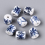 Handmade Porcelain Beads, Blue and White Porcelain, Famille Rose Porcelain, Column with Traditional Floral Pattern, Royal Blue, 10~11x8~9mm, Hole: 1.5~2mm(PORC-N014-03)